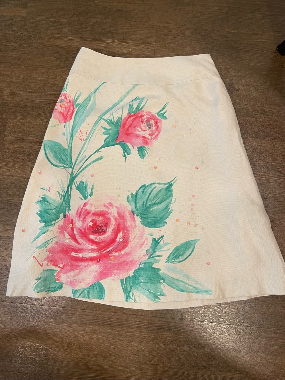 Casual Corner Hand-Painted Floral A-Line Skirt in Cream and Pink